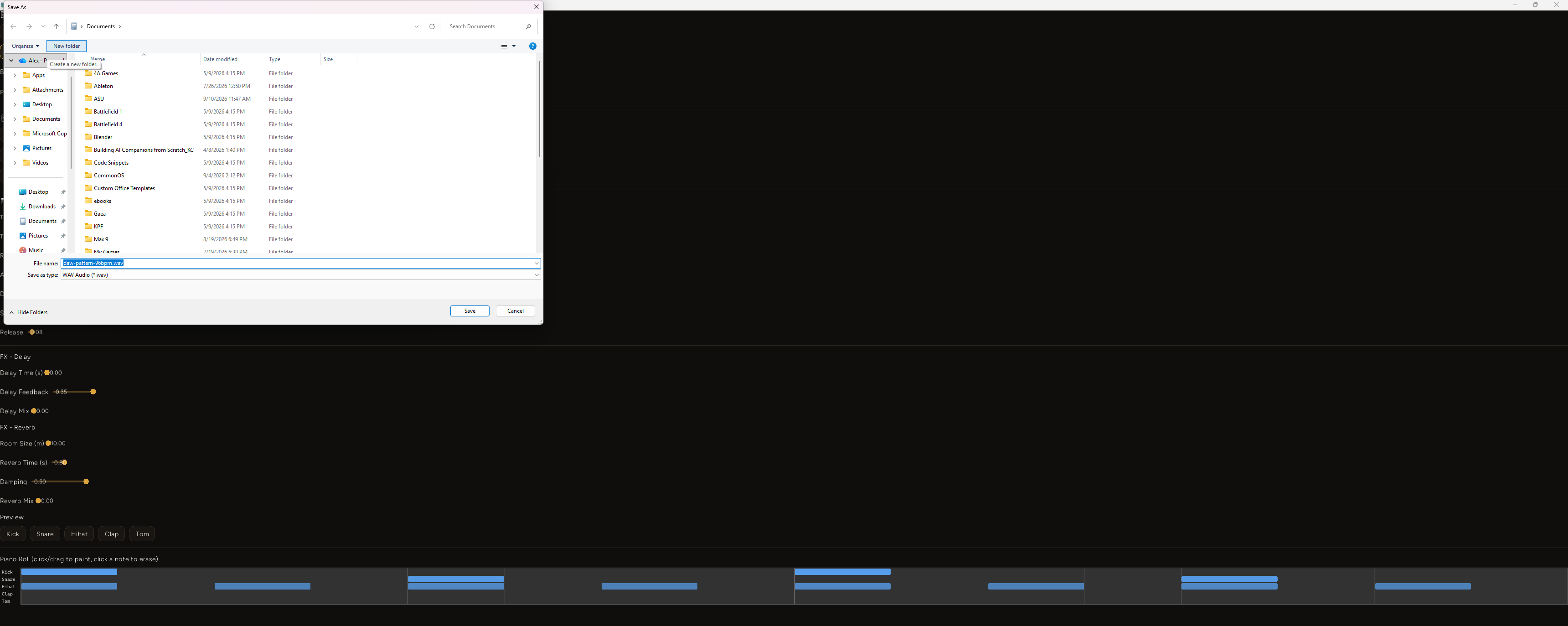 A native Windows Save As dialog titled "Save As", open over the DAW window, with the file name field pre-filled with "daw-pattern-96bpm.wav" and "Save as type" set to "WAV Audio (*.wav)"