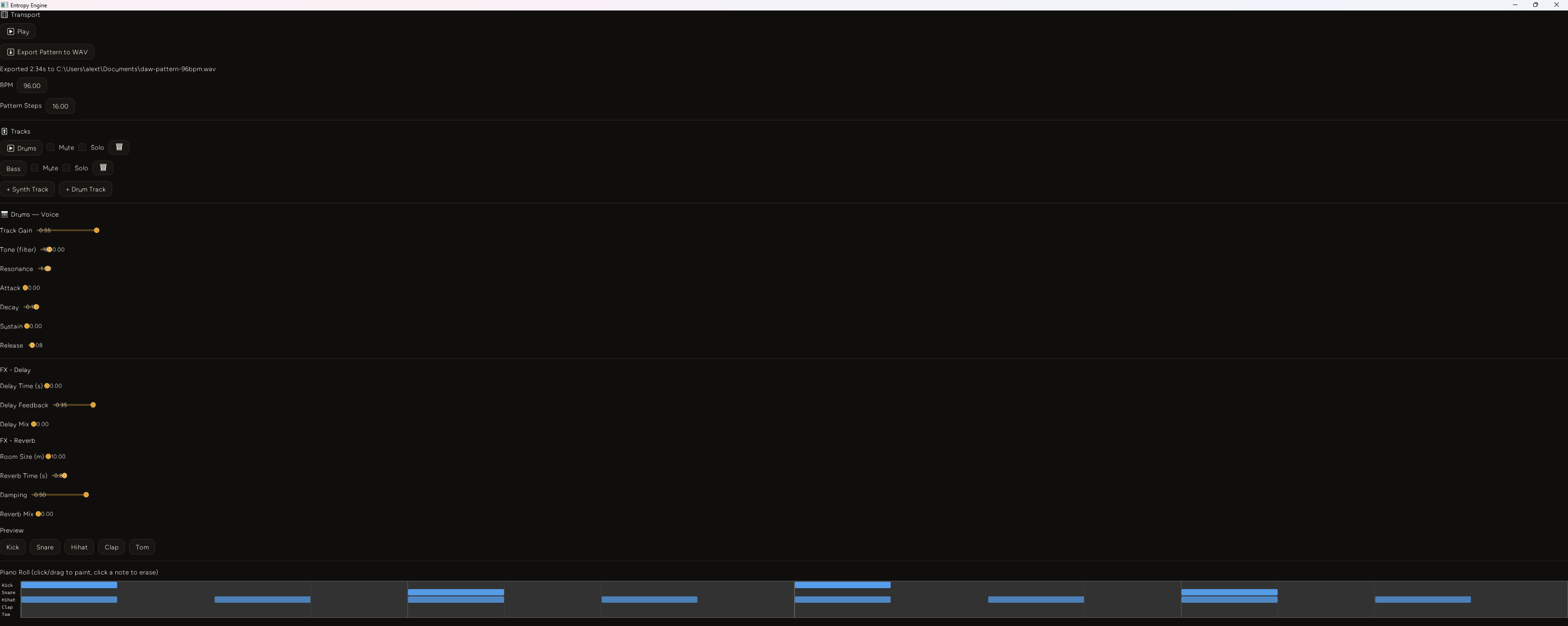The DAW panel's Transport section now showing the text "Exported 2.34s to C:\Users\alext\Documents\daw-pattern-96bpm.wav" below the Export Pattern to WAV button