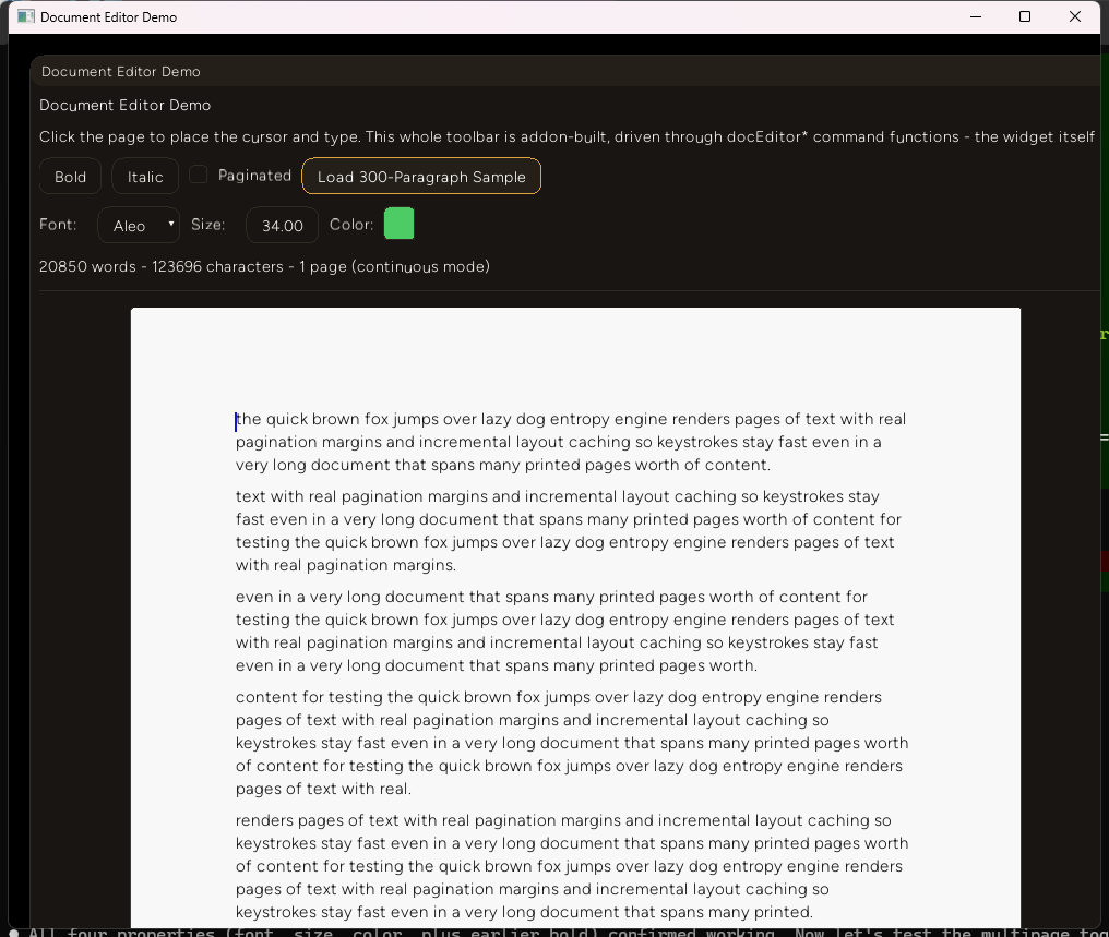 The same 300-paragraph document with the Paginated checkbox unchecked, now rendering as a single continuous scrollable page with no page breaks, and the status line reading "1 page (continuous mode)"