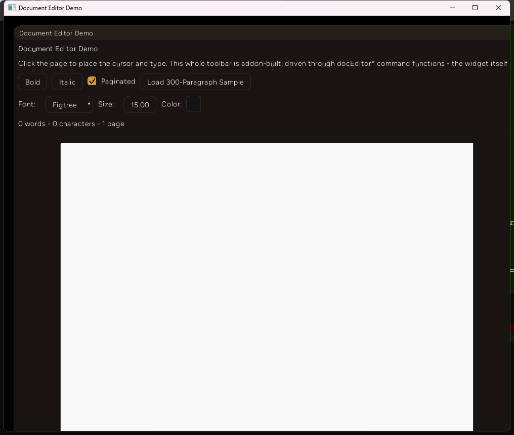 The Document Editor Demo window with a fully addon-built toolbar - Bold, Italic, a checked Paginated checkbox, a Load Sample button, a Figtree font dropdown, a 15.00 size control, and a color swatch - above a blank white page