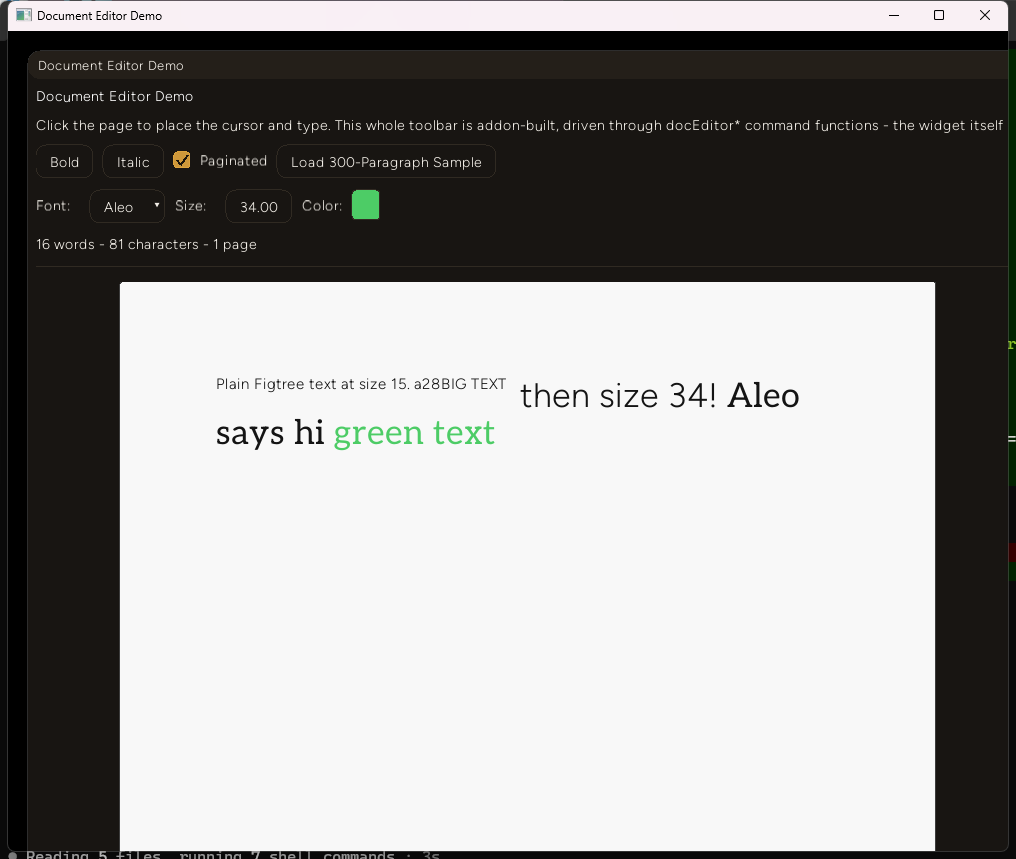 One paragraph showing "Plain Figtree text at size 15." in the default face, "then size 34!" in noticeably larger text, "Aleo says hi" in a distinct serif-like typeface, and "green text" rendered in green - all mixed within wrapped lines of the same paragraph