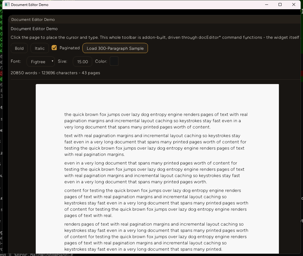 The same sample document with Paginated checked, showing discrete page breaks and a status line reading 20850 words, 123696 characters, 43 pages