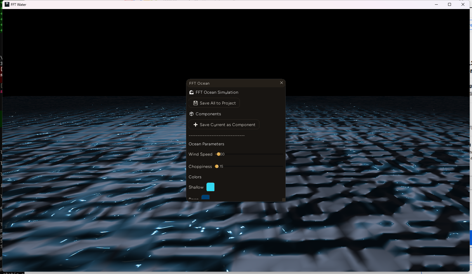 FFT Water example app running with a custom "FFT Water" title and a downscaled water-texture icon in the title bar, instead of the previous hardcoded "Entropy Engine" title