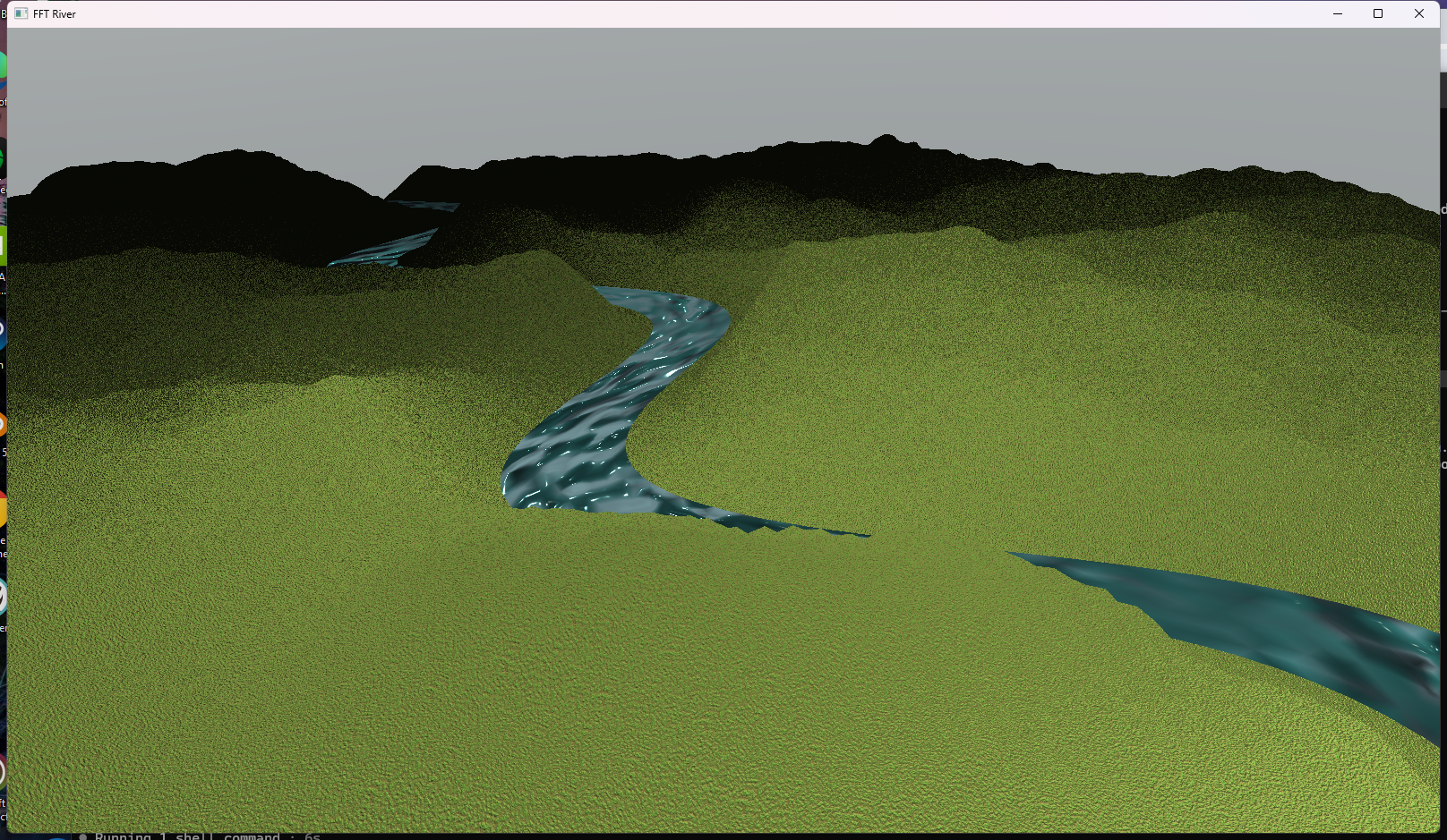 FFT river carving through noise terrain - a meandering water channel with visible wave/ripple detail cutting through fbm-noise banks, mountains in the background, a second channel segment entering frame bottom-right
