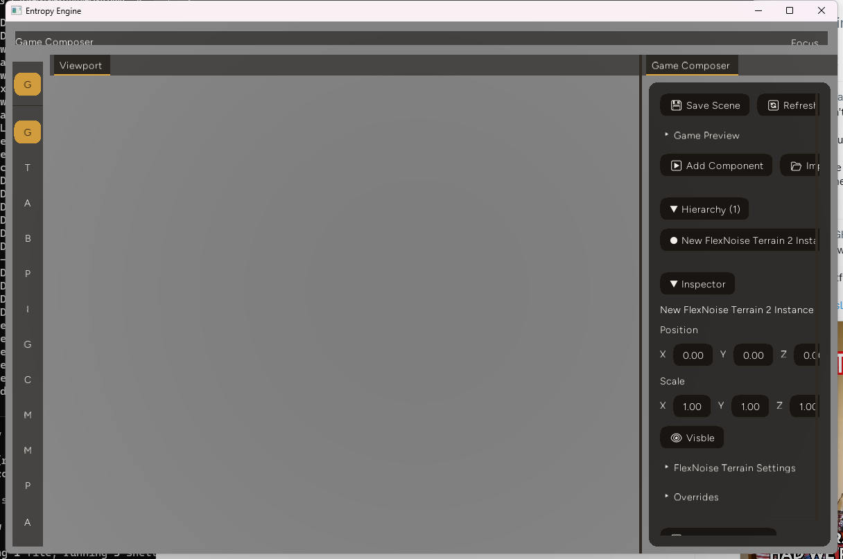 entropy_gui rendering docked panels, tabs, drag-values, and a collapsing inspector in the Slate theme