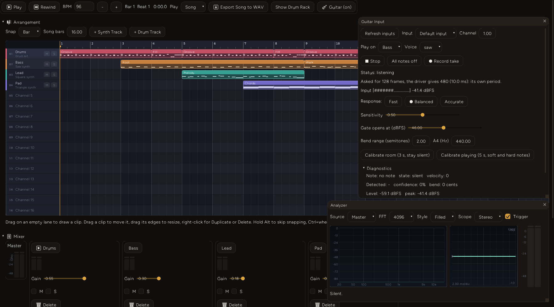 The DAW with the Guitar Input window open on the right, status "listening", the line "Asked for 128 frames, the driver gives 480 (10.0 ms): its own period", an input meter at -41.4 dBFS, Fast/Balanced/Accurate buttons with Balanced selected, sensitivity and gate sliders, two calibrate buttons and a diagnostics block reading "Note: no note, state: silent"