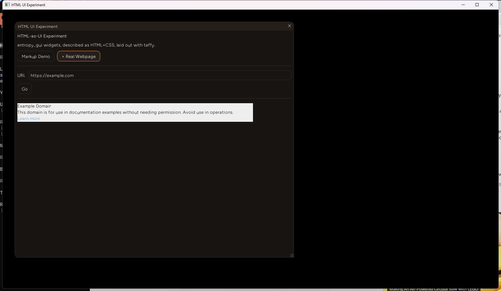 Entropy's Real Webpage mode after live-fetching example.com, showing its heading, paragraph, and hyperlink rendered with correct dark-on-light contrast