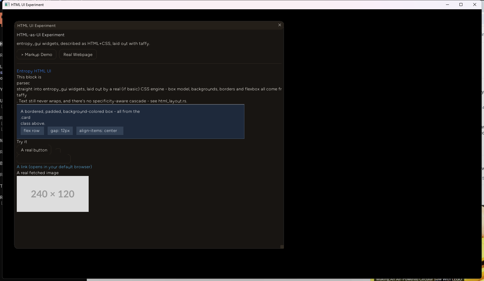 Entropy's Markup Demo mode rendering styled headings, a bordered card, a flex row of pills, and a fetched placeholder image