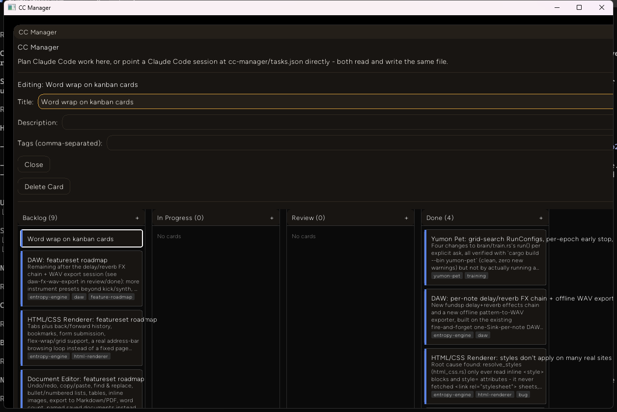 The "Word wrap on kanban cards" card selected, with an editor panel above showing its title, description, and tags fields