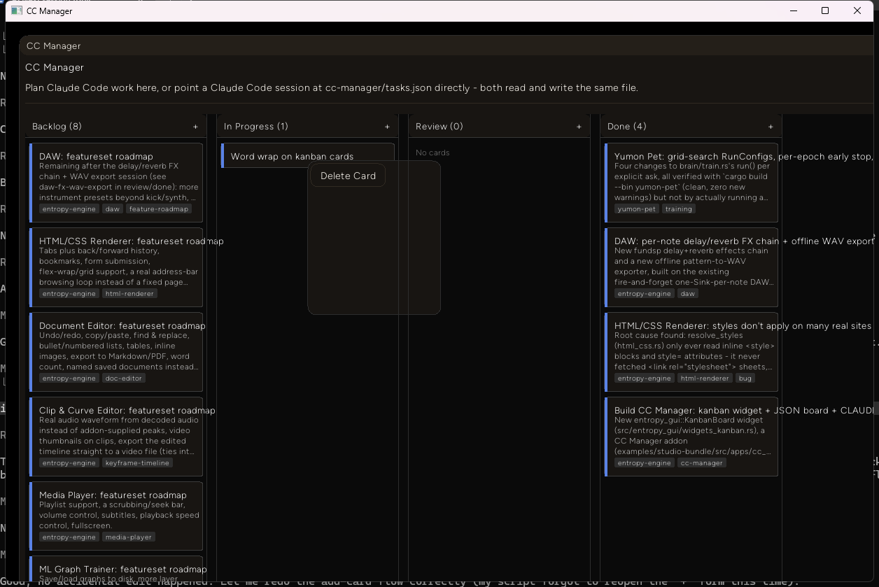 Right-clicking a card in the In Progress column shows a small "Delete Card" context menu popup