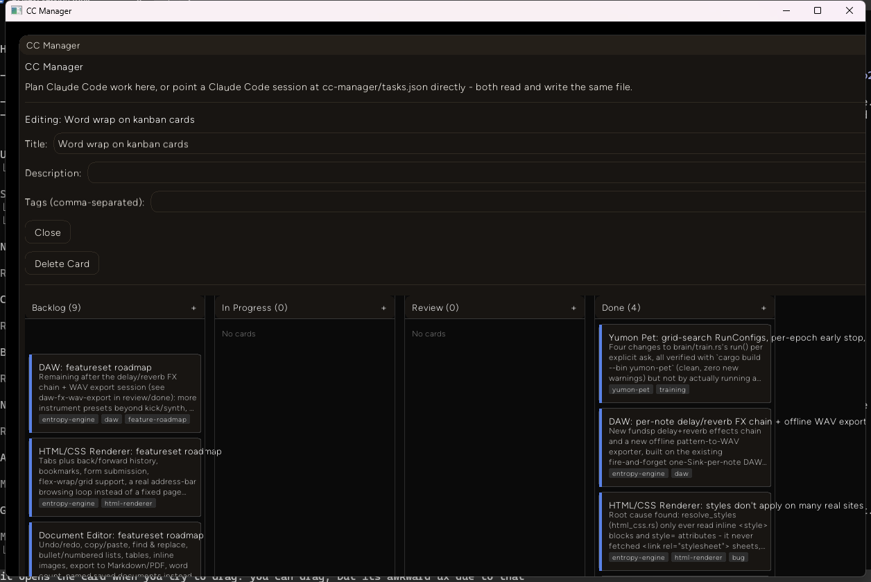 A card mid-drag: the editor panel for the dragged card has popped open above the board, and the board itself has reflowed downward underneath the cursor