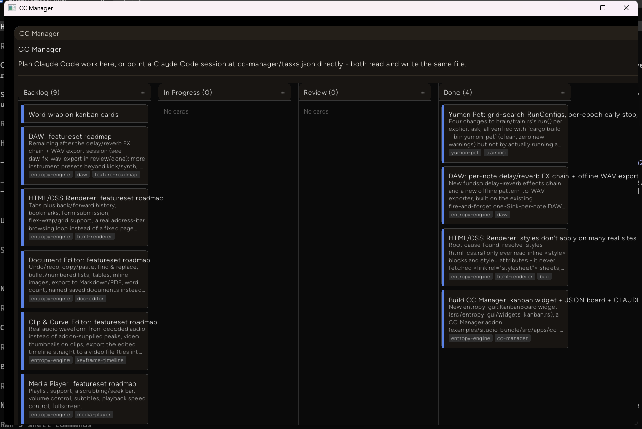 CC Manager's initial board: Backlog with nine cards, In Progress and Review empty, Done with four cards