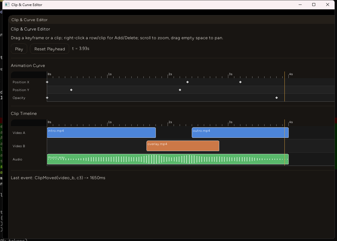 The overlay.mp4 clip has moved right on the Video B track, and the status label now reads "ClipMoved(video_b, c3) -> 1650ms"