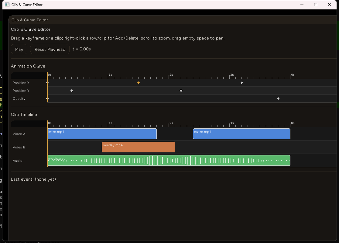 Clip & Curve Editor's initial state: three keyframe rows (Position X/Y, Opacity) above a three-track clip timeline with two video clips and one audio clip showing a green waveform