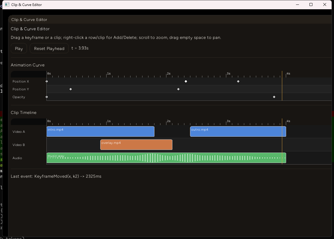 The dragged keyframe now sits at roughly 2.3 seconds on the ruler, and the "Last event" label reads "KeyframeMoved(x, k2) -> 2325ms"