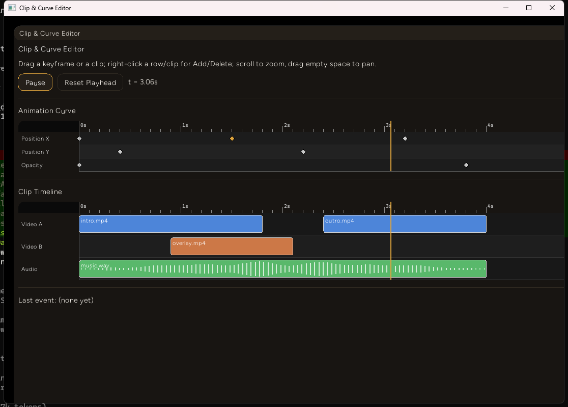 After clicking Play, the playhead has advanced to t = 3.06s and the same orange playhead line is visible at the same horizontal position in both the keyframe timeline above and the clip timeline below