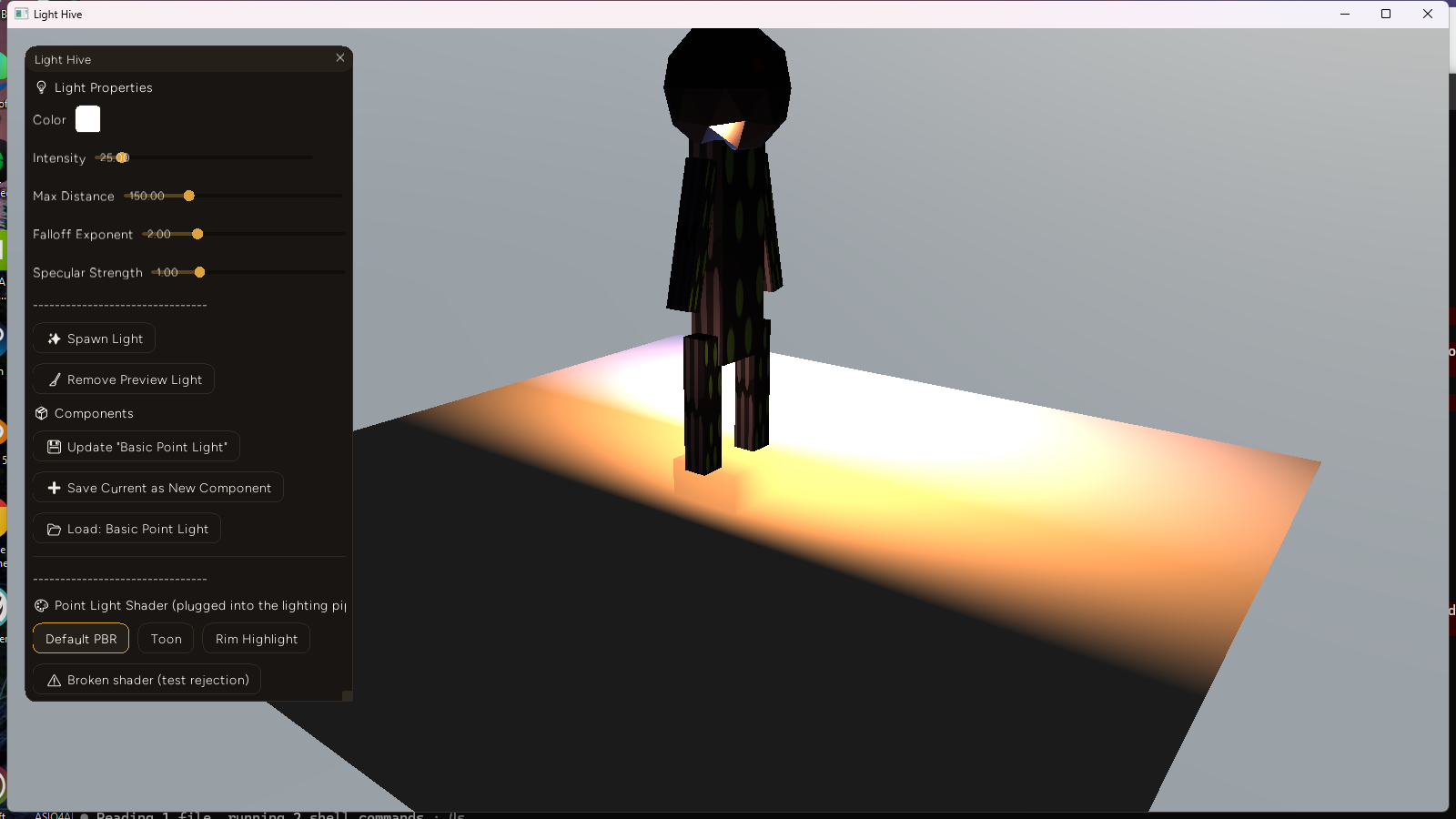 Light Hive's demo scene under the default PBR point-light shader - a robed character model lit by a warm key light and a cool fill light, smooth Cook-Torrance falloff visible in the robe's folds and the head's curvature