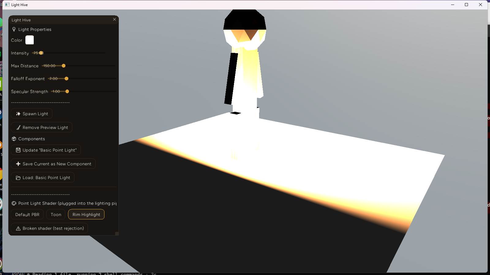 The Rim Highlight preset on the same character - a bright glow along silhouette edges and grazing surfaces, the face lit warm orange, clearly distinct from both the default and toon results