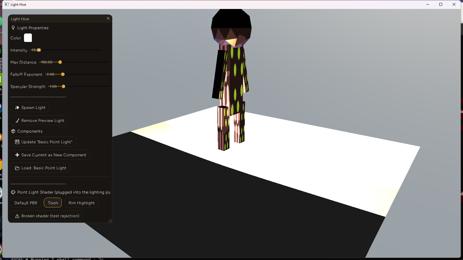 The same character after switching to the Toon point-light shader - hard-edged lighting bands are clearly visible across the curved head and the robe's folds, replacing the smooth gradient from the default shader