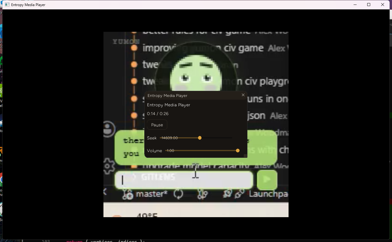 Entropy Media Player window showing a decoded video frame from a real screen recording, with play/pause, seek, and volume controls overlaid