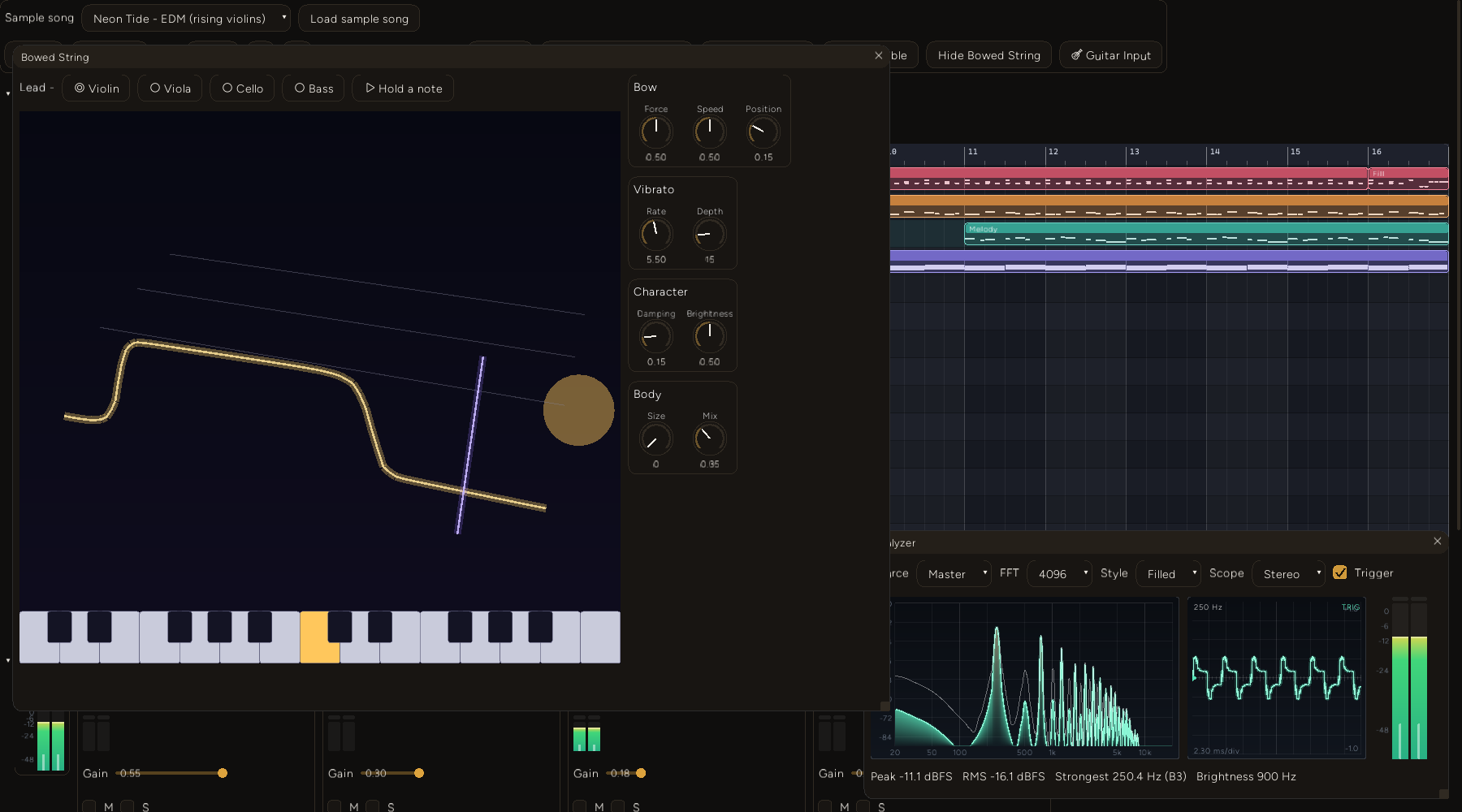 The running Bowed String editor with C4 held: the active string and key glow, the bow crosses the string, and the DAW analyzer shows the output.
