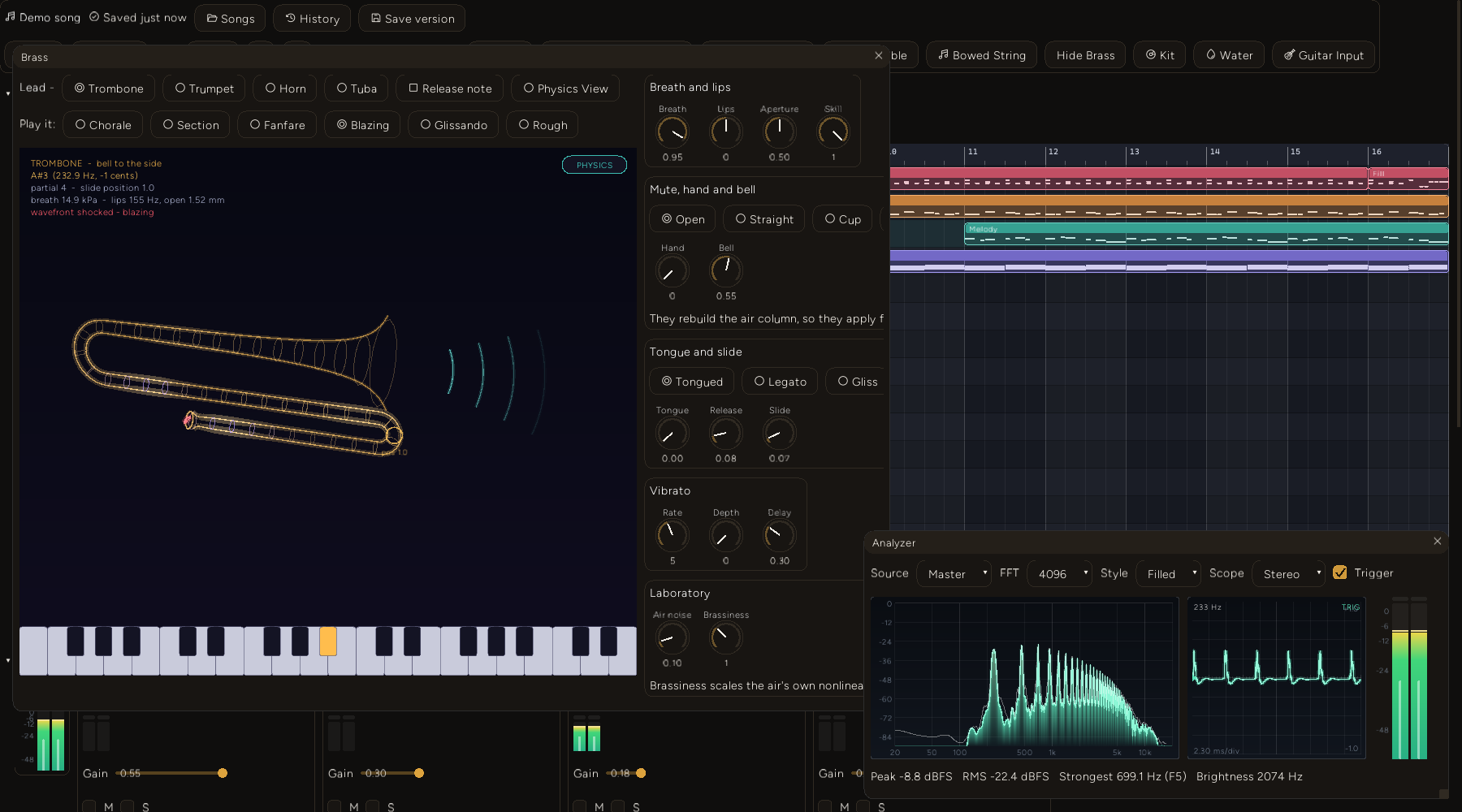 The DAW with the Brass window open on the Lead track: the instrument row, the Blazing style selected, a trombone view labelled wavefront shocked, knob groups for breath and lips, mute and hand, tongue and slide, vibrato and a laboratory group with air noise and brassiness. The Analyzer window at the bottom right shows a spike-train waveform and a harmonic spectrum.