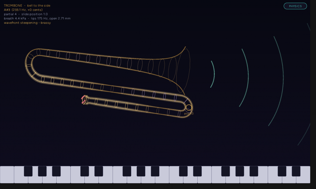 The headless view of a sounding trombone in first position, Bb3 at 233.1 Hz, partial 4, slide position 1.0, breath 4.4 kilopascals, lips at 175 Hz. A tube runs in a long U with rings along it, flaring to the bell on the right, with arcs radiating from the bell.