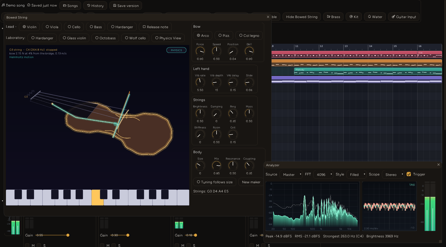 The DAW with the Bowed String editor open on the Lead track: laboratory presets, the violin view with the bow crossing a bent string, knob groups for Bow, Left hand, Strings and Body, and the Analyzer window showing the master spectrum at the bottom right.