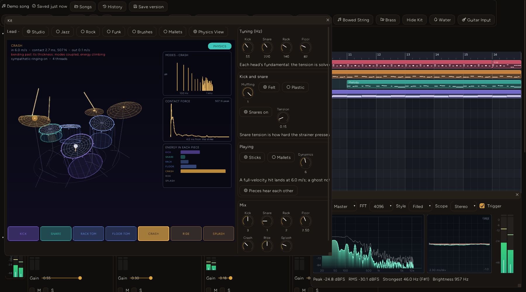 The DAW with the Kit window open on the Lead track after a crash pad at 6 m/s. The kit view, Physics View on, shows the crash's contact of 2.7 ms and 507 N, the kit's tuning, muffling, snare, mix and dynamics knobs on the right, and the arrangement behind. The Analyzer at the bottom reads Peak minus 24.8, RMS minus 30.1, Strongest 46.0 Hz, Brightness 957 Hz.