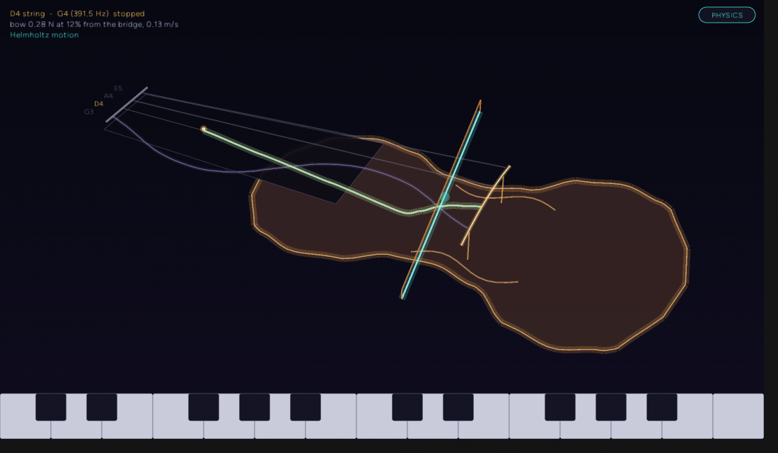The bowed-string view holding G4 on the D string of a violin. The bow crosses the string near the bridge, the string is drawn bent at the bow with a sharp corner, and a small readout in the corner says Helmholtz motion.