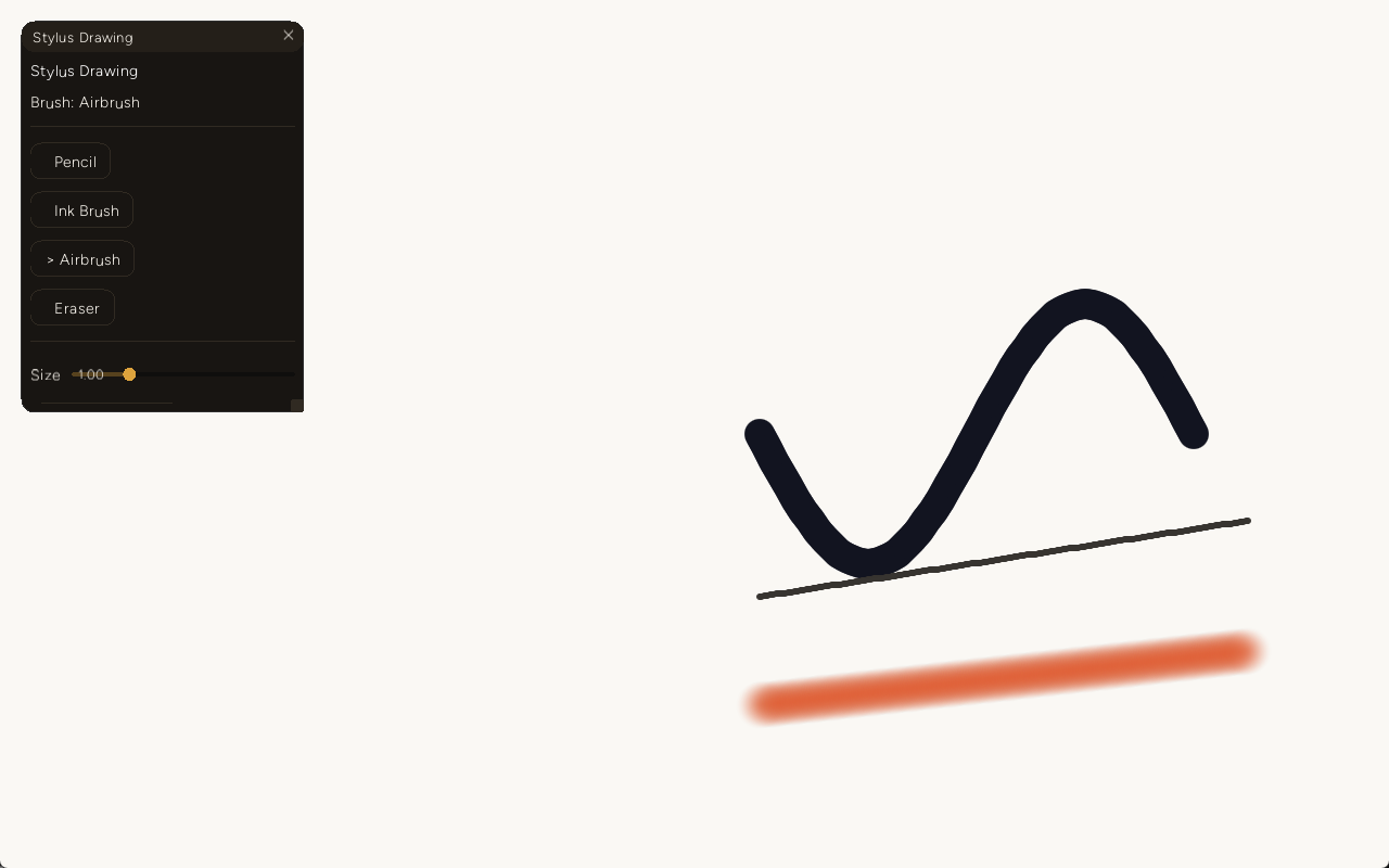 Three strokes on the canvas: a thick dark Ink Brush wave, a thin gray Pencil line, and a soft orange Airbrush glow, next to the brush-selector sidebar
