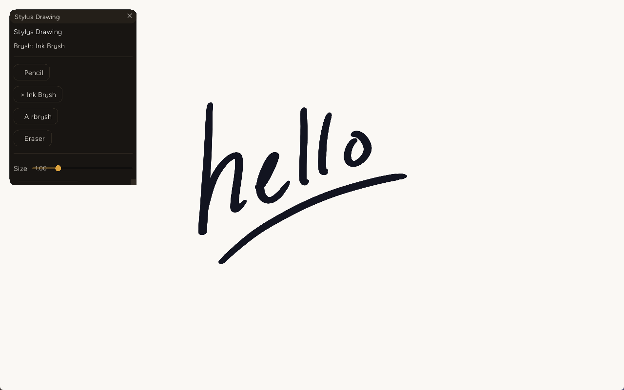 The word "hello" written in Ink Brush on a real tablet - the downstrokes and the flourish beneath visibly taper and widen as pressure and tilt change through the stroke, not a fixed-width line