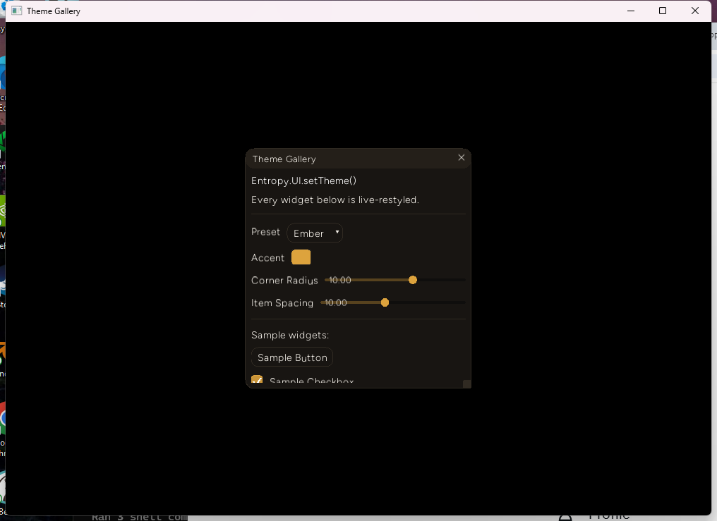 The same window, same process, after selecting Ember from the dropdown - warm palette, 10px corners, wider spacing, and the dropdown/slider/button/checkbox chrome all restyled with it