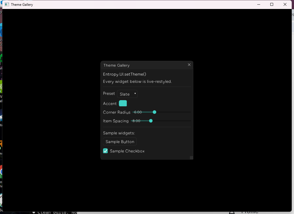 Theme Gallery running the default Slate theme - teal accent, tight 6px corners