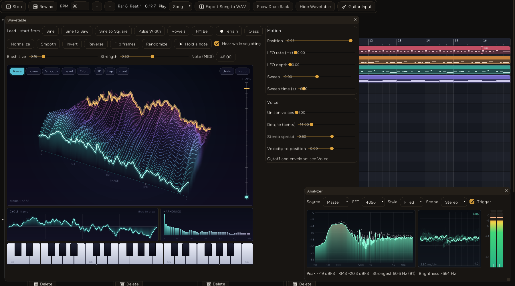 The whole DAW mid-song: the Wavetable window with a Terrain table on the Lead track, an amber ridge sliding through the terrain as the lead plays, harmonics and the cycle strip below it, the keyboard, Motion and Voice sliders on the right, and the Analyzer window bottom right showing the real spectrum of the mix.