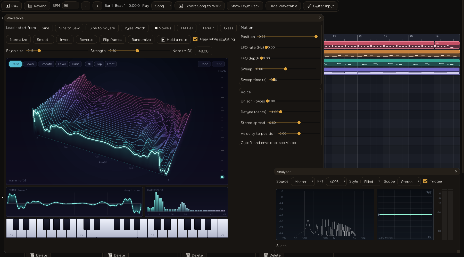 The Vowels preset on the Lead track: a rugged terrain of ridges, with the first frame's harmonics below it showing a broad hump of partials near harmonic 8 and a smaller one near harmonic 22, and the cycle strip showing that frame's wave.