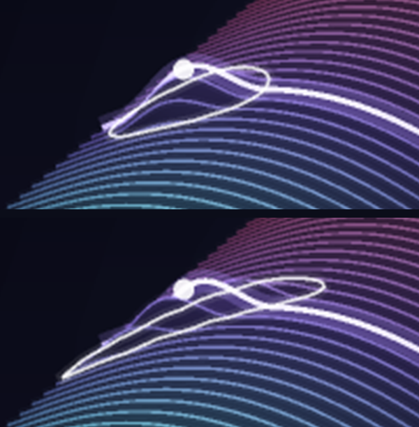 Two zoomed crops of the brush ring lying on the terrain mid-stroke. The top ring, from an upright pen, is a compact ellipse. The bottom ring, from a pen leaning 50 degrees to the right, is a long thin blade stretched along the lean.