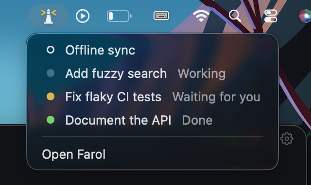 Farol ambient indicators showing agent status across the macOS menu bar and drop-down menu