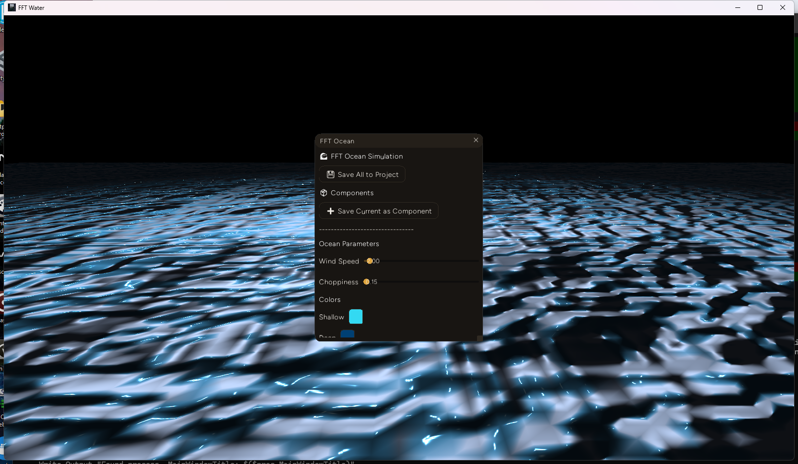 The FFT ocean addon window mid-run after several hot reloads - waves and foam rendering normally, addon UI panel responsive
