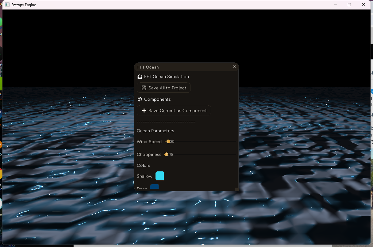 FFT ocean rendering displaced, choppy waves with capillary glints and the addon's live parameter UI, screenshotted from the running window this session