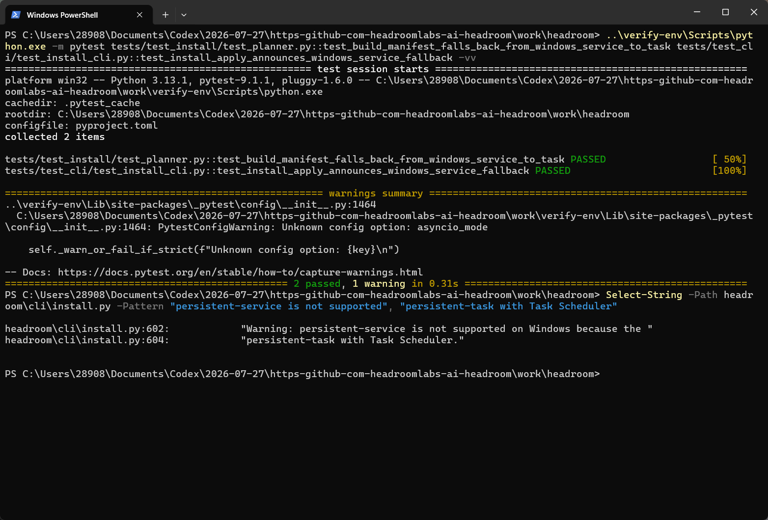 Headroom Windows fallback verification diagnostic during local execution