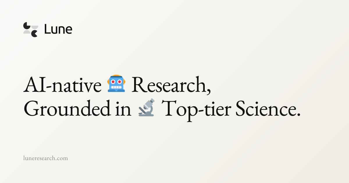 Lune Research hero card showing scientific AI agent search engine