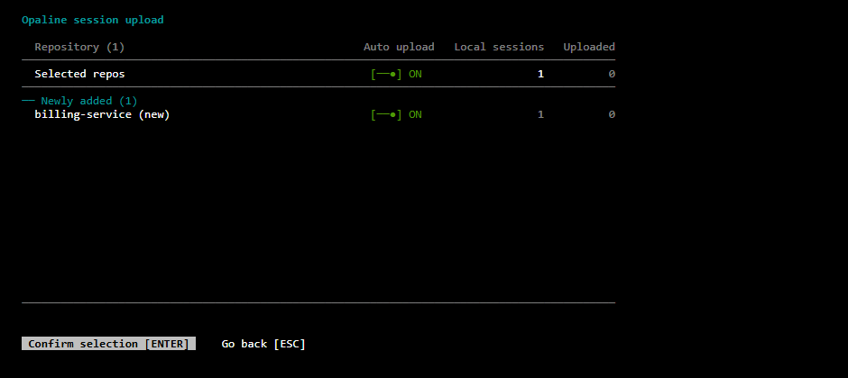 The review screen: one newly added repository, with Confirm selection and Go back.