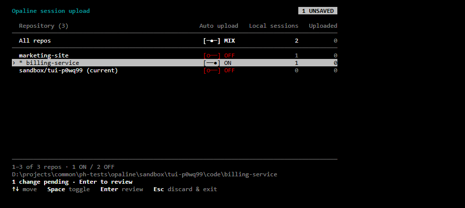 The picker after moving to billing-service and pressing Space. One repository is ON, All repos reads MIX, and the header shows 1 UNSAVED.
