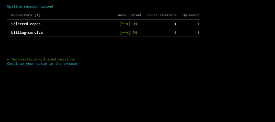 After confirming: billing-service is ON, 1 local session, 1 uploaded.
