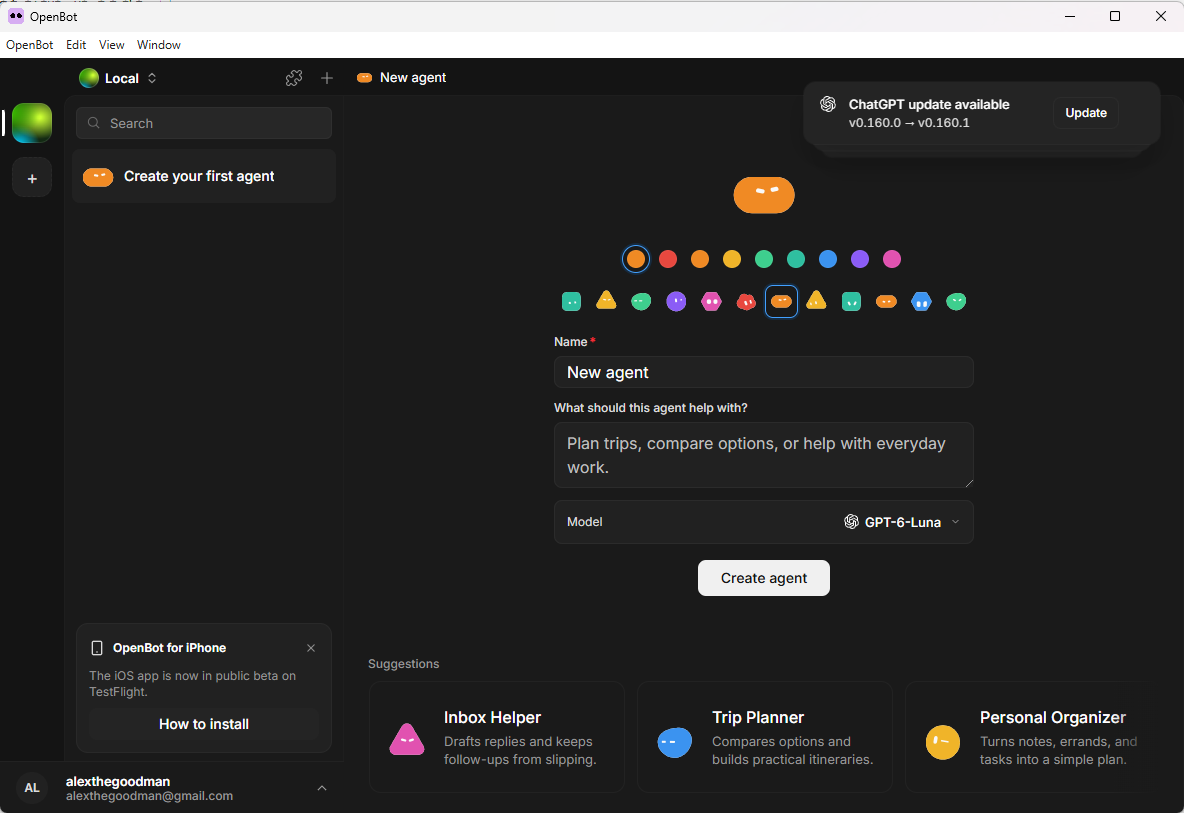 OpenBot running on Windows 11: the "New agent" creation pane with the avatar selector, model picker (GPT-6-Luna), ChatGPT runtime update notification, and local workspace rail.