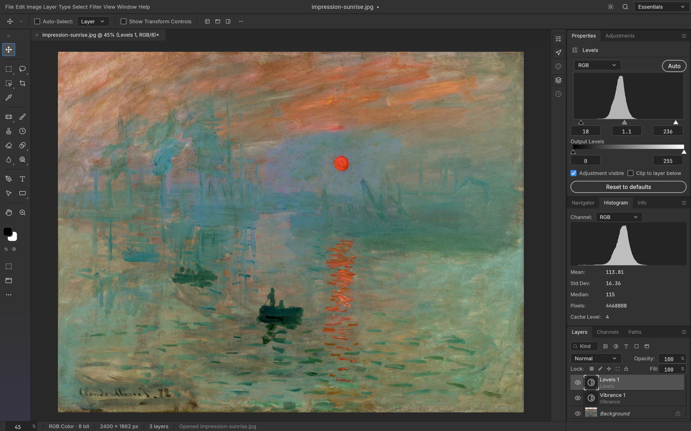 PhotoCraft adjustment layers and live histogram panel over Monet's Impression, Sunrise