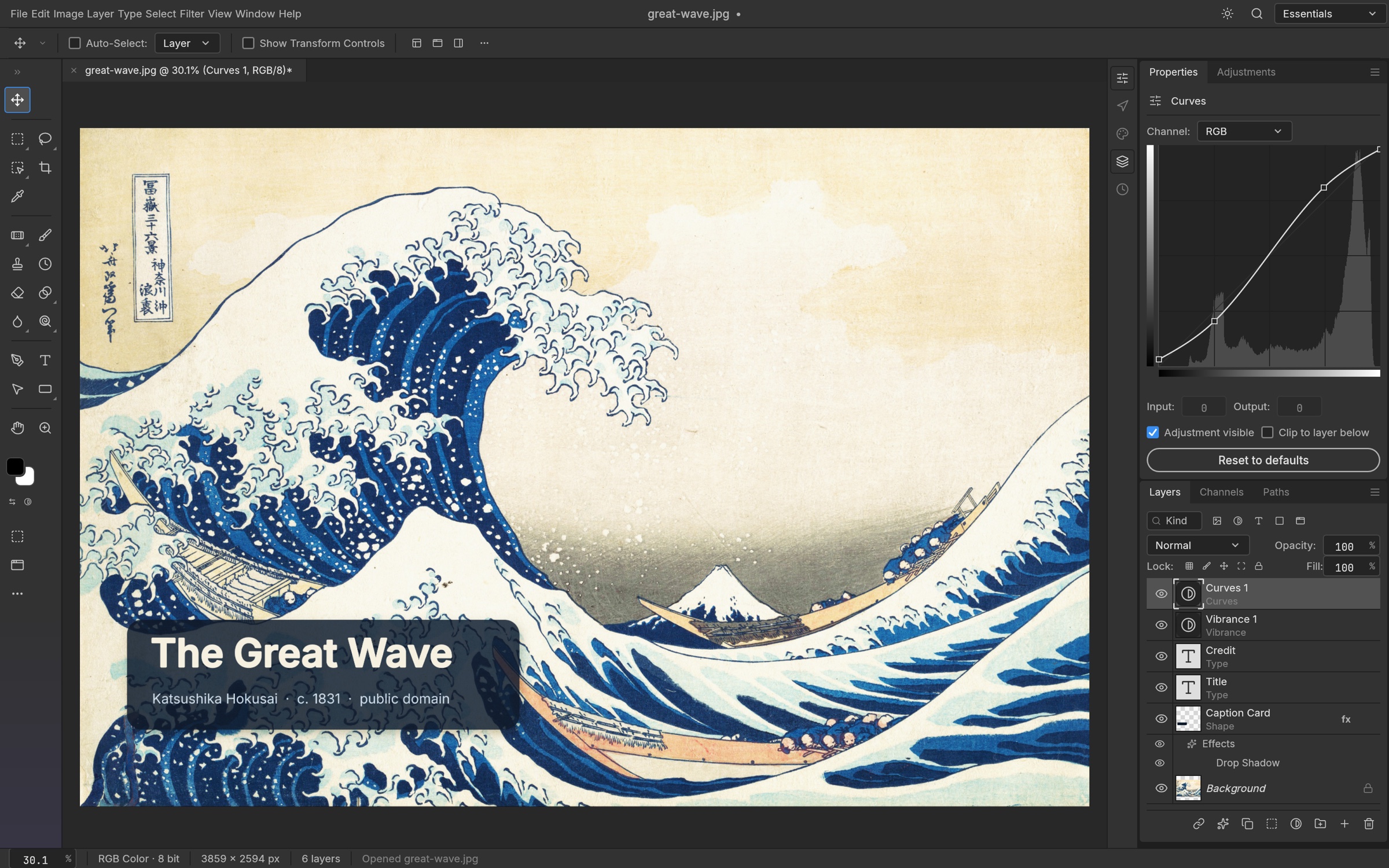 PhotoCraft editing Hokusai's The Great Wave with drop shadows, live typography, and non-destructive Curves adjustments