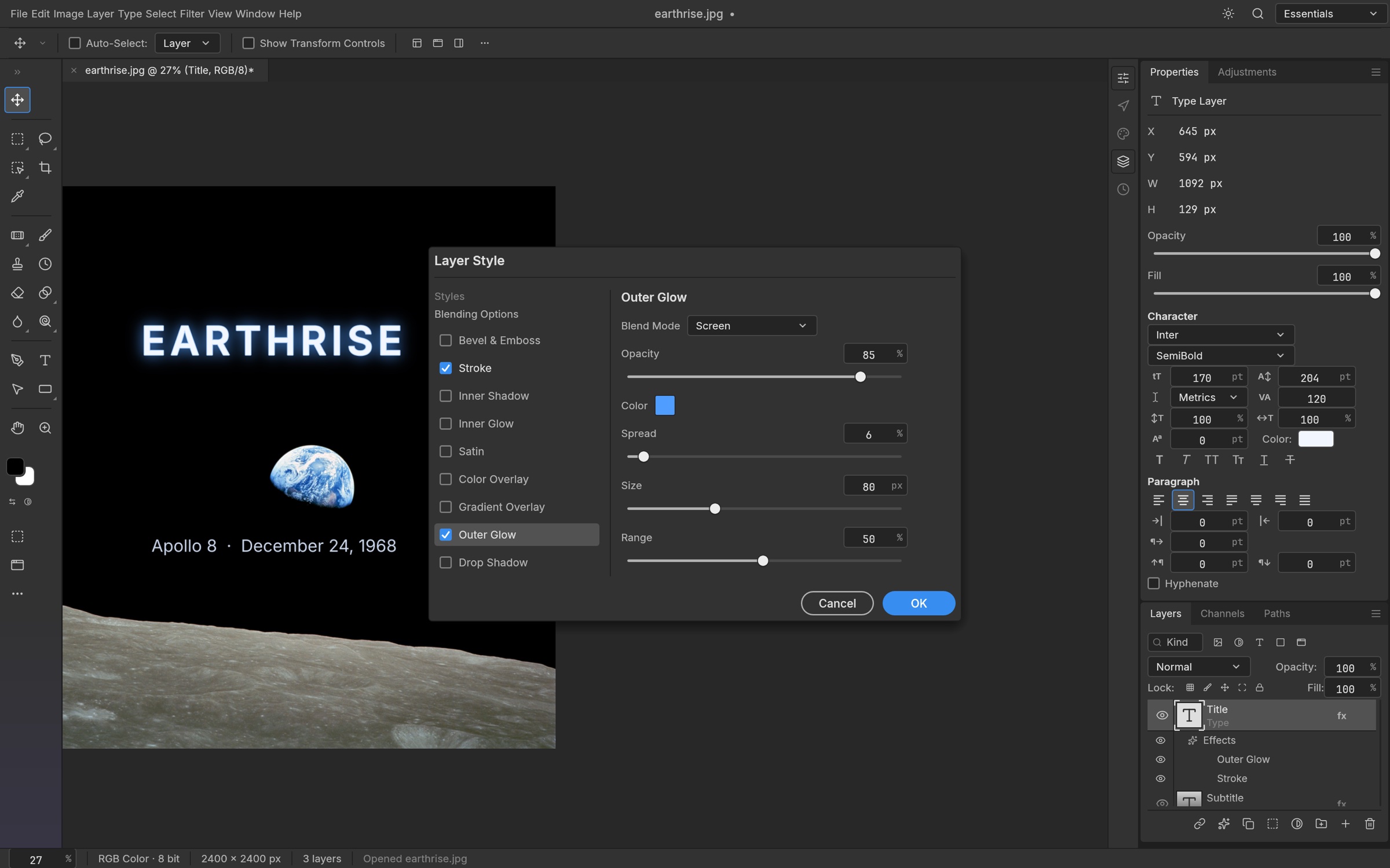PhotoCraft Layer Style dialog demonstrating live Outer Glow and Stroke rendering over NASA Earthrise photograph