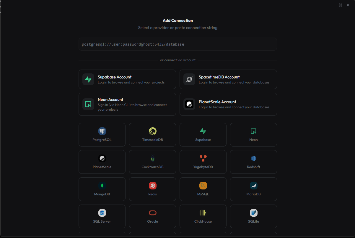 RexaDB new connection setup modal configuring database parameters and driver targets